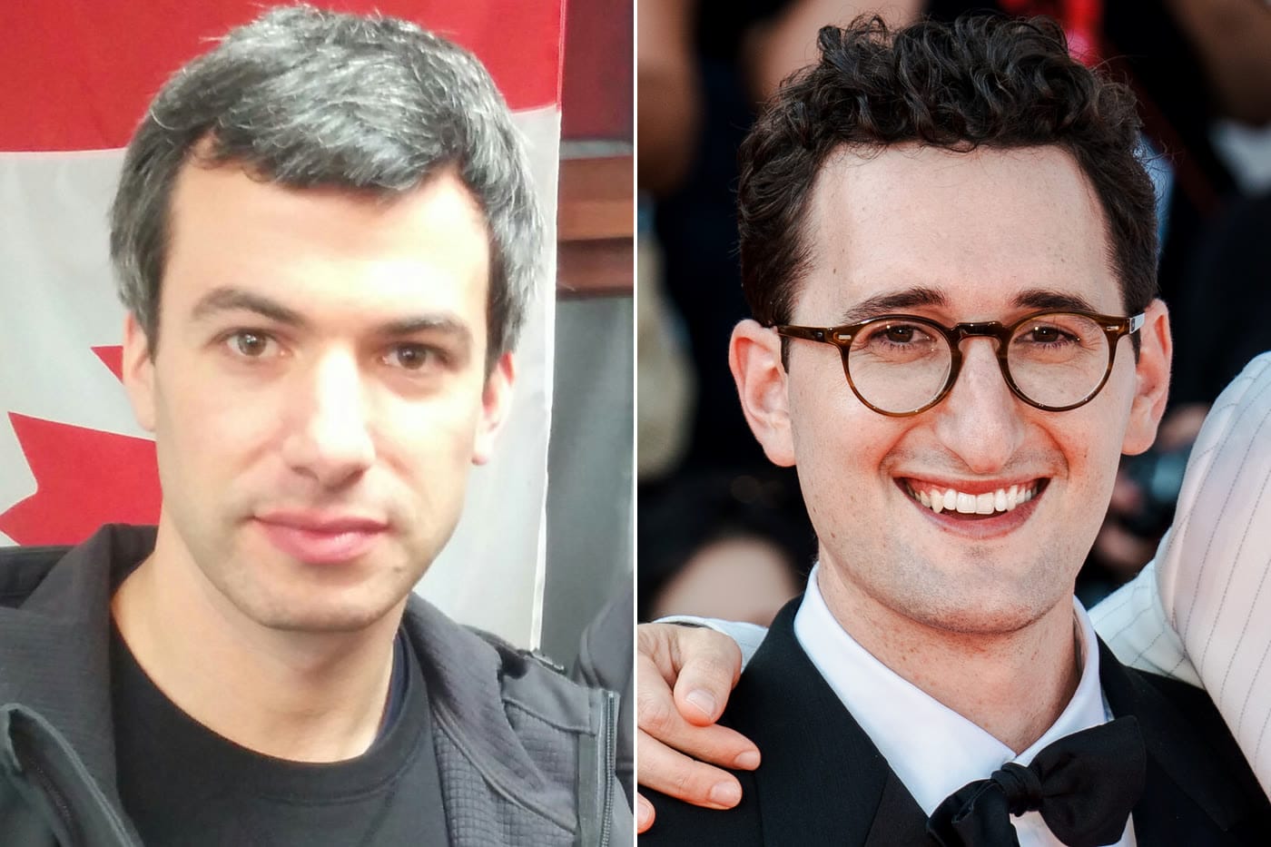 Nathan Fielder in a dark zip-up jacket, and Lance Oppenheim in round glasses and a bow tie, smiling.