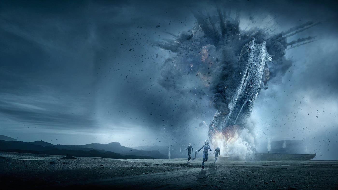 Prometheus art: a giant alien ship crashes nose-first while four people in spacesuits run from it.