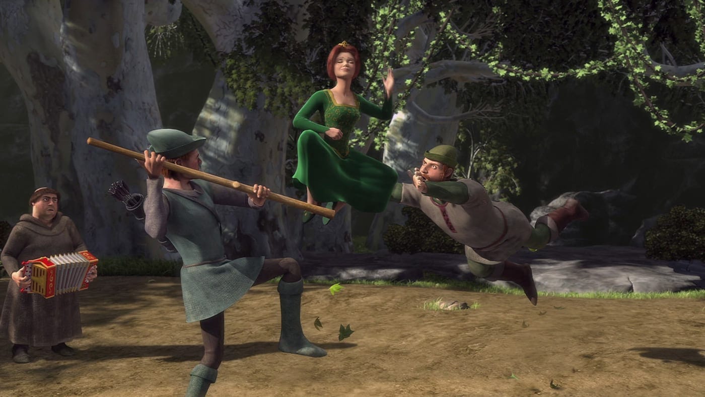 Princess Fiona from Shrek frozen mid-air in a Matrix-style slow-motion shot beside Robin Hood's men.