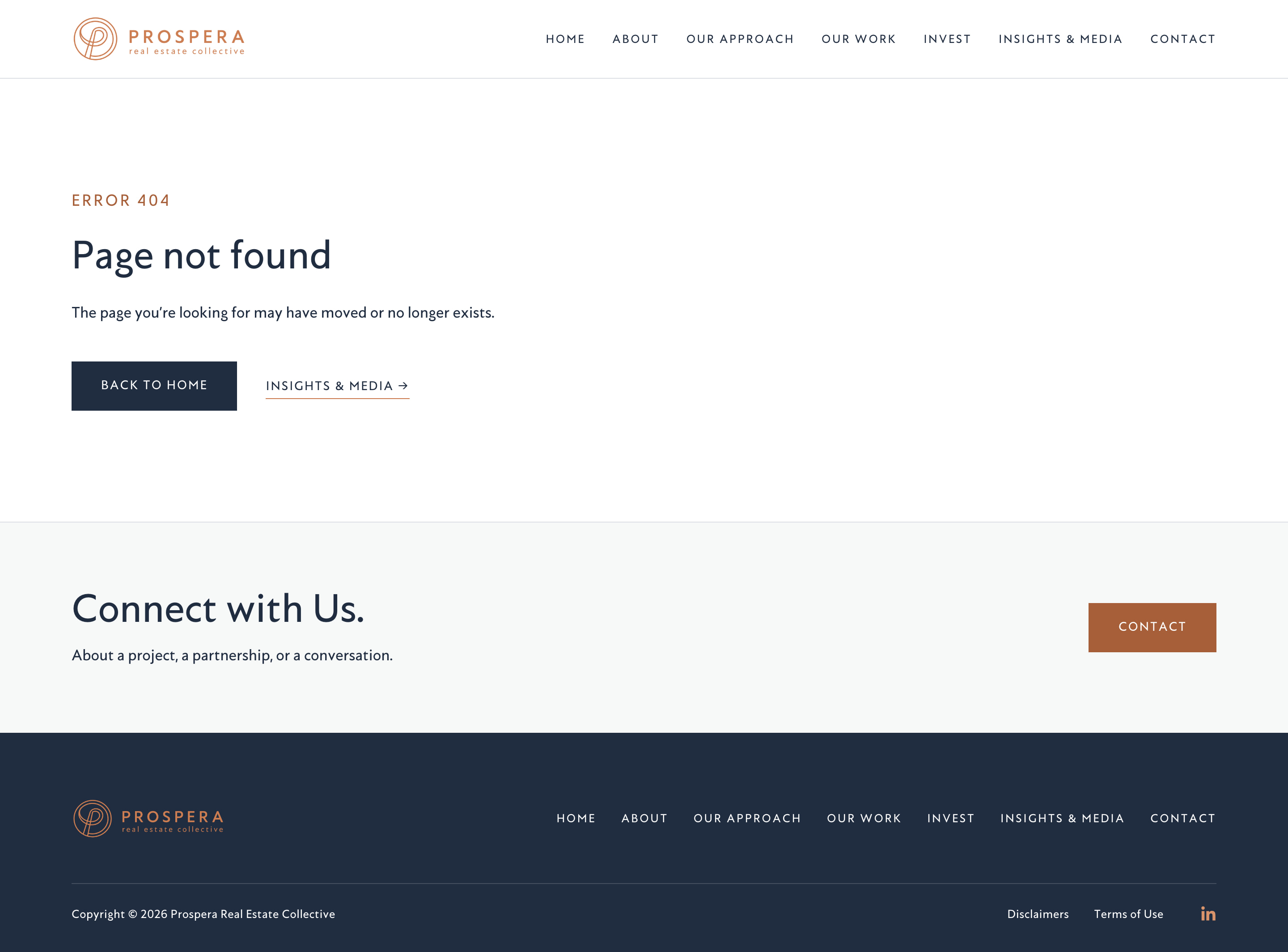 The site's 404 page in the same navy and copper as the rest of it: ERROR 404 above the words Page not found, with buttons back to the home page and to Insights and Media.
