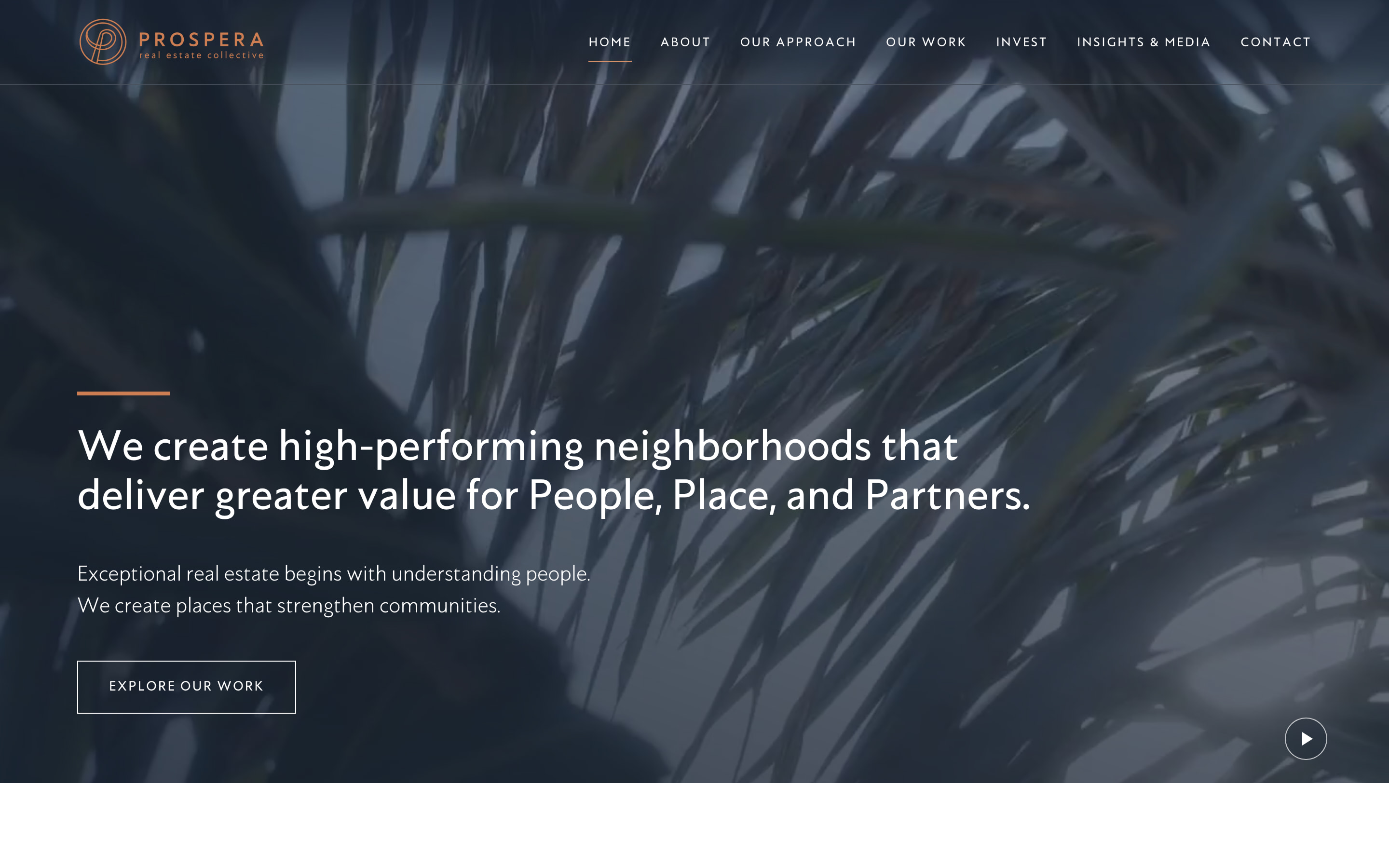 The Prospera home page on a desktop screen, at the top of the page.