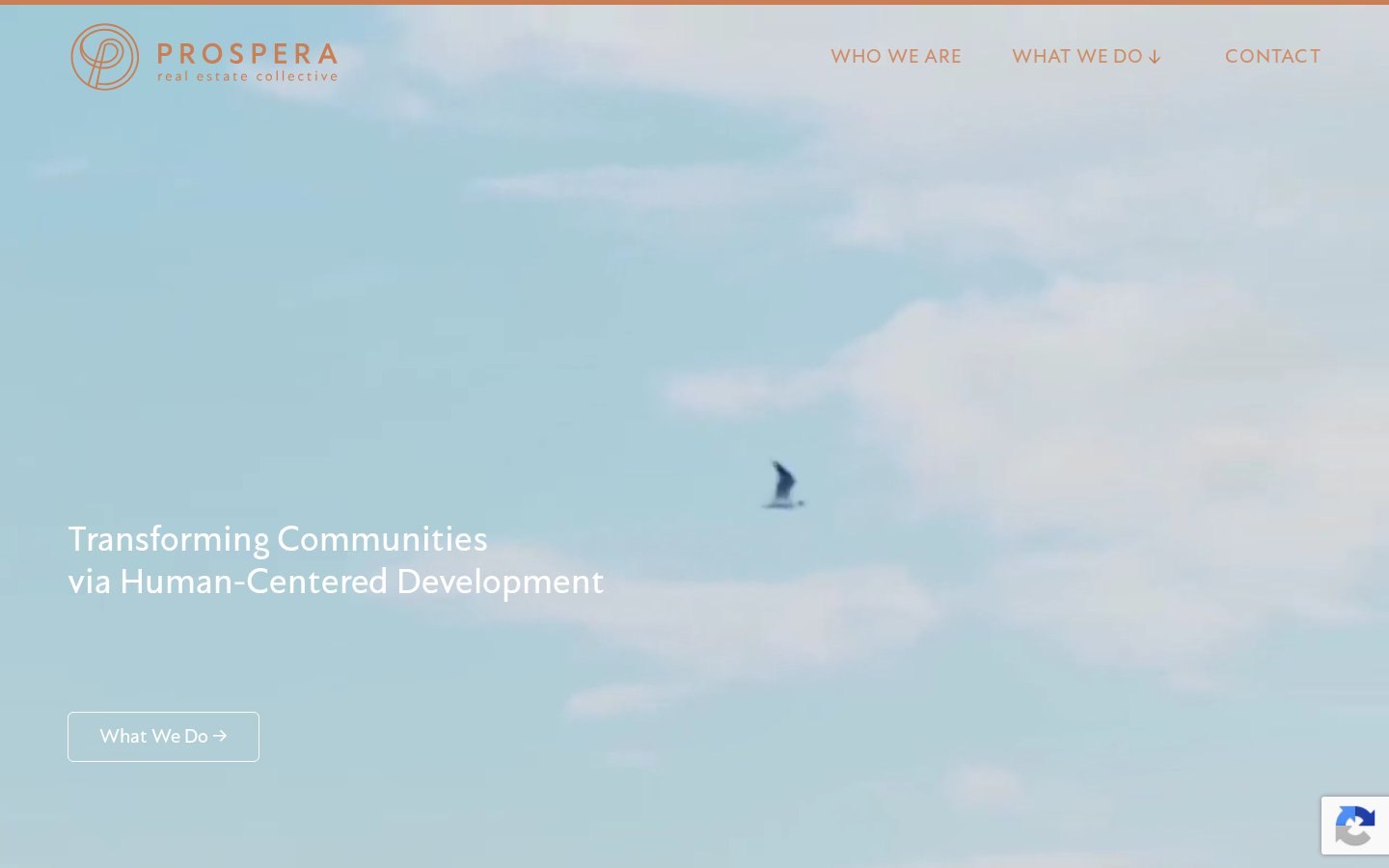 The old Prospera home page: a pale blue sky with clouds and a gull, the copper Prospera logo at top left, and white text reading Transforming Communities via Human-Centered Development.