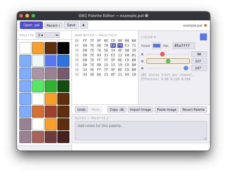 The GBC Palette Editor window in light mode with example.pal open