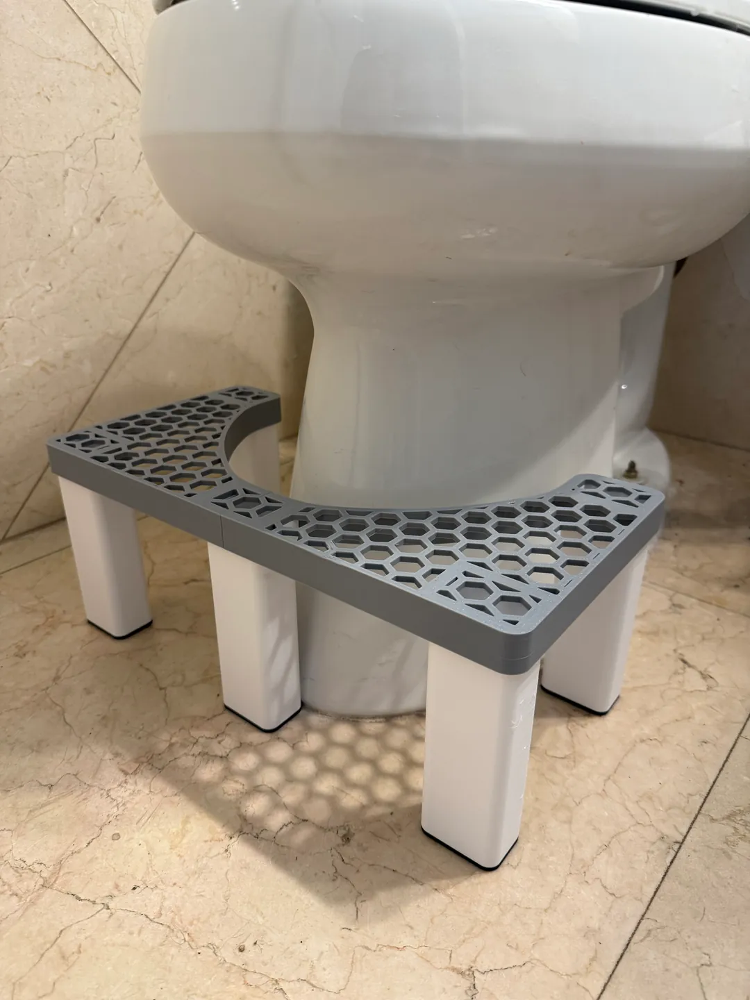 The printed stool around the base of a toilet on a marble floor